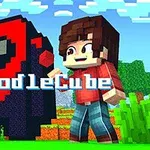 En pixelkonstfigur med brunt hår står bredvid ett stort, svart och rött kosmonautliknande objekt i en blockig landskap med träd och gräs med ordet DoodleCube över bilden
