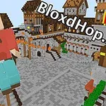 Tecknad karaktär i blockstil med en färgglad miljö och medeltida byggnader i bakgrunden