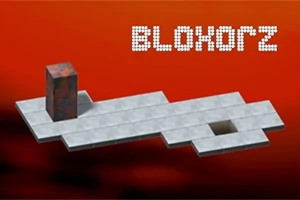 En tredimensionell rektangulär block på en plattform med ett hål, mot en röd bakgrund, med texten Bloxorz i övre högra hörnet