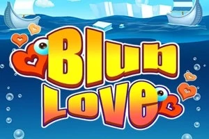 Texten Blub Love i stora, färgglada bokstäver med hjärtan och bubblor mot en blå bakgrund med vatten och båtar