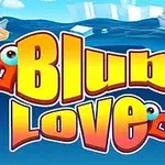 Texten Blub Love i stora, färgglada bokstäver med hjärtan och bubblor mot en blå bakgrund med vatten och båtar