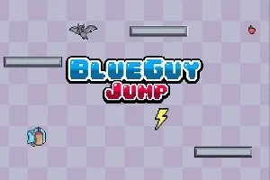 Logotyp med texten BlueGuy Jump i blå och röd, omgiven av plattformar, en fladdermus, en blixt och ett äpple på en rutigt bakgrund