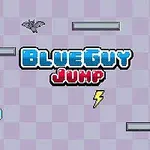 Logotyp med texten BlueGuy Jump i blå och röd, omgiven av plattformar, en fladdermus, en blixt och ett äpple på en rutigt bakgrund
