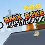 Tecknad karaktär på en BMX-cykel i luften med texten BMX Bike Freestyle & Racing och tre guldmynt i bakgrunden