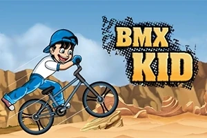 En tecknad pojke med blå keps och kläder cyklar på en BMX i ökenlandskap
