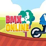 Tecknad bild av en kille som cyklar på en BMX i ett färgglatt landskap med texten BMX ONLINE