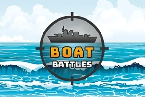 Silhuetten av ett fartyg i ett sikte ovanför vågor och texten Boat Battles på en blå himmel