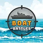 Silhuetten av ett fartyg i ett sikte ovanför vågor och texten Boat Battles på en blå himmel