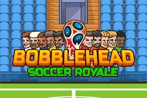 Tecknade figurer med stora huvuden framför blå läktare och texten BOBBLEHEAD SOCCER ROYALE