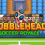 Tecknade figurer med stora huvuden framför blå läktare och texten BOBBLEHEAD SOCCER ROYALE
