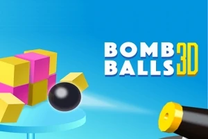 Kanonen avfyrar en svart kula mot gula och rosa kuber på en blå bakgrund med texten Bomb Balls 3D