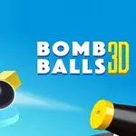 Kanonen avfyrar en svart kula mot gula och rosa kuber på en blå bakgrund med texten Bomb Balls 3D