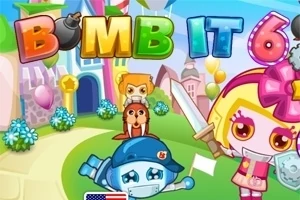 Färgglad illustration med texten BOMB IT 6, en tecknad figur med ett svärd och en robot i en lekfull miljö