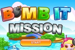 Färgglad text med orden Bomb It Mission ovanför en startknapp, mot en tecknad bakgrund av himmel och vatten