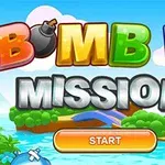 Färgglad text med orden Bomb It Mission ovanför en startknapp, mot en tecknad bakgrund av himmel och vatten