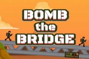 Texten Bomb the Bridge ovanför en bro med två soldater och en sprängladdning i tecknad stil