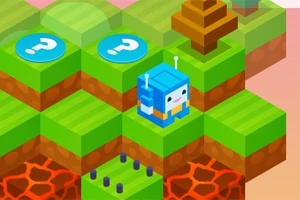 En pixlig blå robot står på ett rutnät av gröna och bruna block med frågetecken, träd och lava