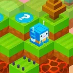 En pixlig blå robot står på ett rutnät av gröna och bruna block med frågetecken, träd och lava