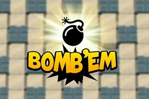 Svart bombikon med gul text BOMB’EM mot en bakgrund av rutmönstrade block