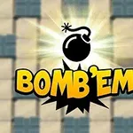 Svart bombikon med gul text BOMB’EM mot en bakgrund av rutmönstrade block