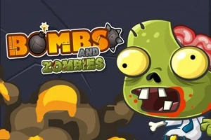 Tecknad zombie med stora ögon och en hjärna som syns, bredvid texten Bombs and Zombies samt explosioner i bakgrunden