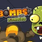 Tecknad zombie med stora ögon och en hjärna som syns, bredvid texten Bombs and Zombies samt explosioner i bakgrunden