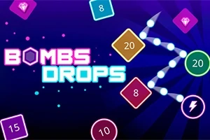 Färgglada geometriska former och siffror på en mörk bakgrund med texten Bombs Drops