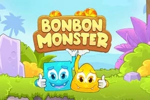 Två tecknade figurer, en blå fyrkant och en gul droppform, står med leende ansikten framför en grönskande bakgrund, ovanför dem finns texten Bonbon Monster