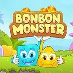 Två tecknade figurer, en blå fyrkant och en gul droppform, står med leende ansikten framför en grönskande bakgrund, ovanför dem finns texten Bonbon Monster