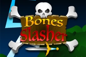 Dödskalle med korslagda benknotor bakom en träskylt med texten Bones Slasher och ett svärd under