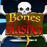 Dödskalle med korslagda benknotor bakom en träskylt med texten Bones Slasher och ett svärd under