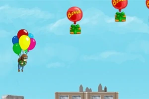 En tecknad figur svävar i luften med hjälp av färgglada ballonger över en stad som syns i bakgrunden, medan röda ballonger märkta med BANANAS flyger ovanför
