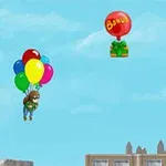 En tecknad figur svävar i luften med hjälp av färgglada ballonger över en stad som syns i bakgrunden, medan röda ballonger märkta med BANANAS flyger ovanför