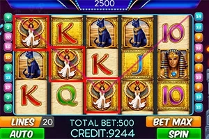 Slotmaskin med egyptiska symboler, inklusive katter, faraomask och bevingade figurer, samt knappar för insatser och spel
