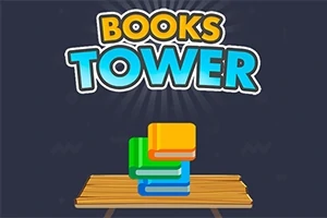 Texten Books Tower i gult och blått med en stapel böcker på ett bord mot en mörk bakgrund