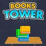 Texten Books Tower i gult och blått med en stapel böcker på ett bord mot en mörk bakgrund