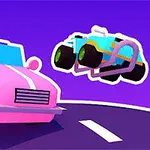 Två tecknade bilar, en rosa och en blå, svävar ovanför en väg mot en lila bakgrund