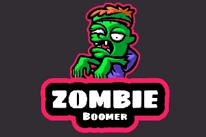 Tecknad bild av en grön zombie med rufsigt orange hår och texten Zombie Boomer i neonfärger