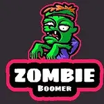 Tecknad bild av en grön zombie med rufsigt orange hår och texten Zombie Boomer i neonfärger