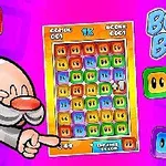 Tecknad figur pekar på ett färgglatt spelbräde med fyrkantiga block på en lila bakgrund