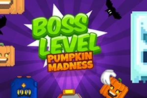 Texten Boss Level Pumpkin Madness mot en lila bakgrund med tecknade pumpor och fladdermöss