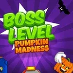 Texten Boss Level Pumpkin Madness mot en lila bakgrund med tecknade pumpor och fladdermöss