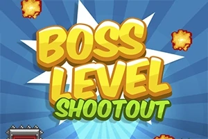 Texten Boss Level Shootout i tecknad stil på en blå bakgrund med orange explosioner