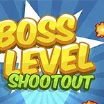 Texten Boss Level Shootout i tecknad stil på en blå bakgrund med orange explosioner
