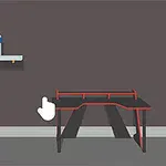 Ett minimalistiskt rum med ett svart skrivbord, en röd och svart spelstol och en hylla med en blå och vit flaska
