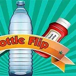 En plastflaska i mitten, flankerad av en mjölkkartong och en ketchupflaska, med texten Bottle Flip på ett band över bilden