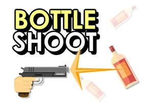 Hand håller i en pistol som skjuter mot en flaska med texten BOTTLE SHOOT ovanför