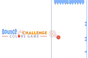 Minimalistisk vit skärm med blå hinder och taggar, texten Bounce Colors Game samt en röd boll vid ett cirkelformat mål