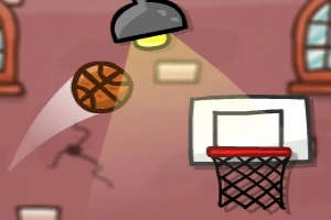 En tecknad bild av en basketboll på väg mot en basketkorg inomhus, med ett synligt taklampa och fönster i bakgrunden