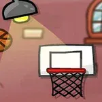 En tecknad bild av en basketboll på väg mot en basketkorg inomhus, med ett synligt taklampa och fönster i bakgrunden